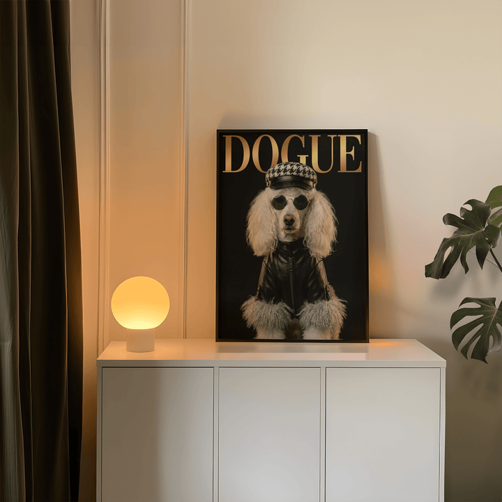 Dog Fashion Print leaning on a sideboard with a glowing round lamp and plant nearby