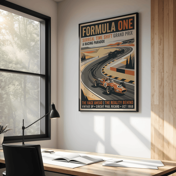 Angled mockup of Surreal Racing Poster poster featuring sweeping racetrack curve and long car shadows