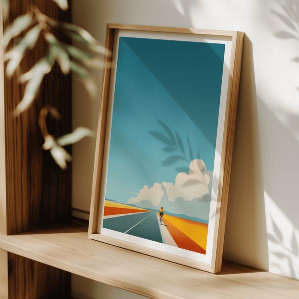 Bicycle Journey Wall Art print with lone rider, highway lines, and sky