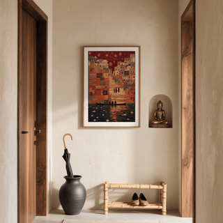 Interior mockup displaying the riverside cityscape above a sofa