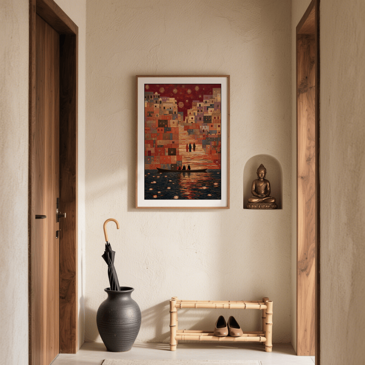 Interior mockup displaying the riverside cityscape above a sofa