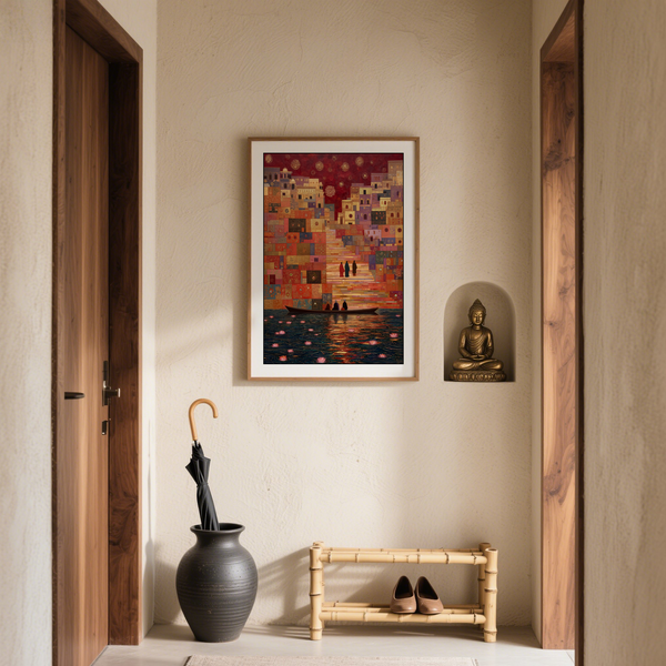 Interior mockup displaying the riverside cityscape above a sofa