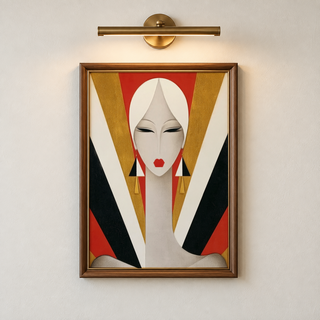 Close-up of woman portrait wall art print with narrow eyes, red lips, and angular shapes