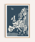 Europe Map Print in blue, beige, and white for living room wall art