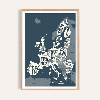 Europe Map Print in blue, beige, and white for living room wall art