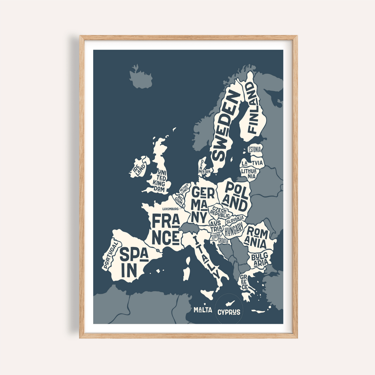 Europe Map Print in blue, beige, and white for living room wall art