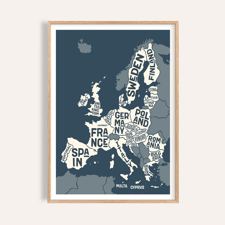 Europe Map Print in blue, beige, and white for living room wall art