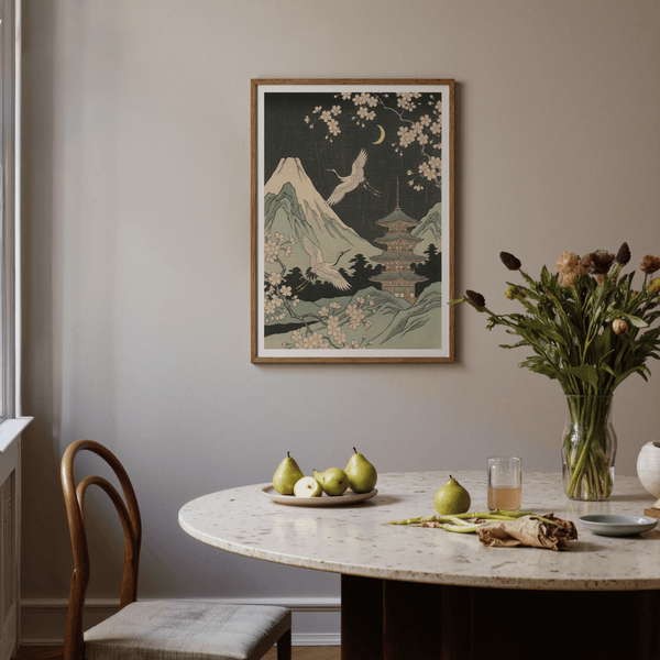 Crane Japanese Art wall art in Green and Beige, perfect for meditation room