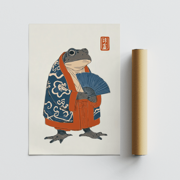 Frog in Kimono Print with beige background, perfect for hallway art print