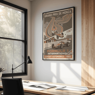 Depicting 1965 Racing Circuit Wall Art with two number 14 Formula 1 cars and curved circuit diagram