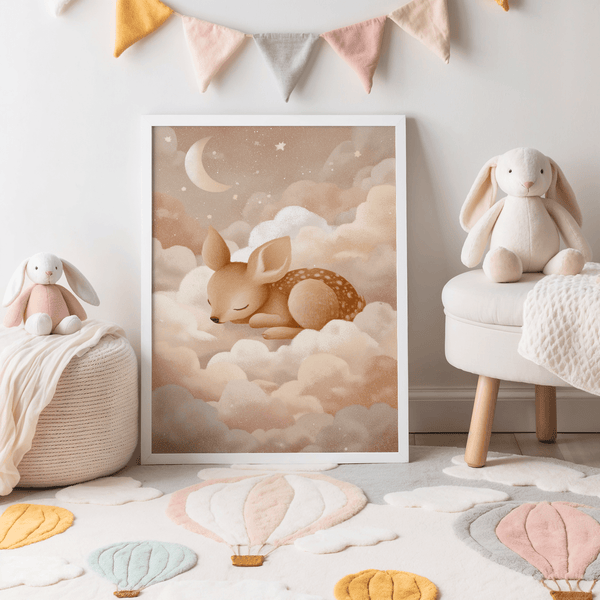 Beige and Pink Sleeping Deer Wall Art poster for playroom wall art