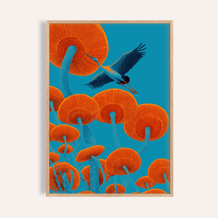 Japandi Bird Print with Blue and Red, perfect for living room wall art