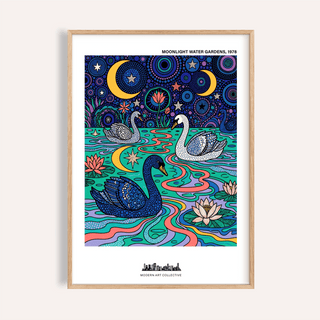 Moonlit pond poster with swans, lotus flowers, stars, and crescent moons