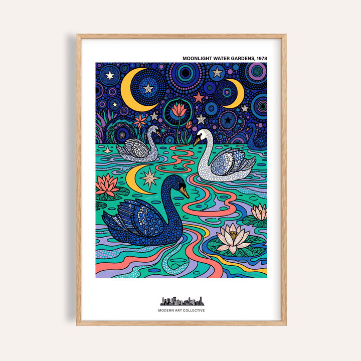 Moonlit pond poster with swans, lotus flowers, stars, and crescent moons