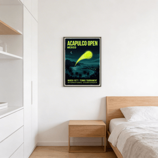 Night seaside travel-style wall art print with palms and curved bay composition