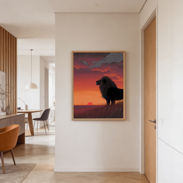 Textured linework detail of lion’s mane beneath setting sun