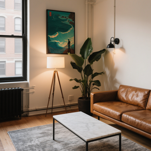 Blue and brown coastline art print of rhythmic waves and rugged rocks