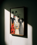 Dog Portrait Art Print in black, white, gray, and red accents for office decoration