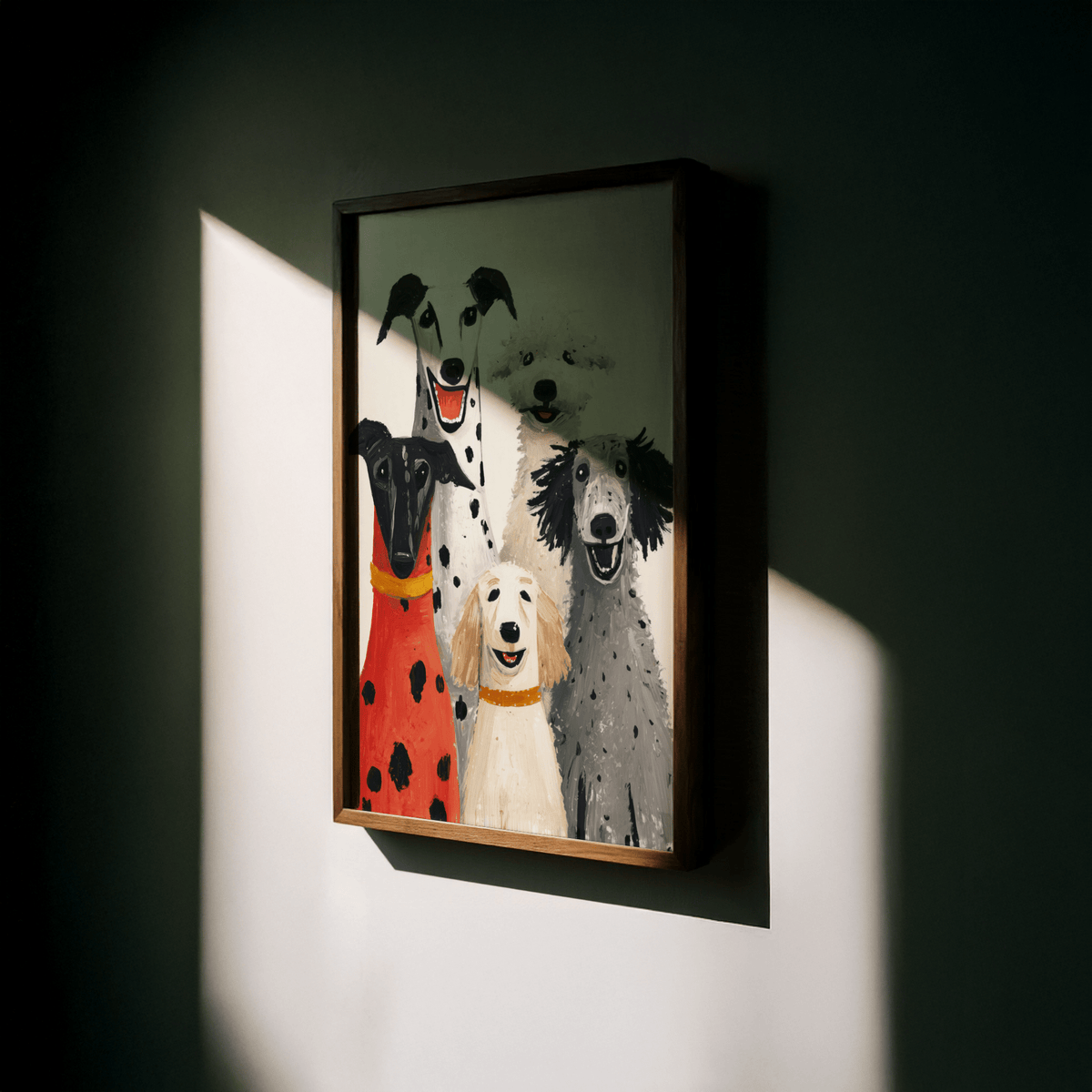 Dog Portrait Art Print in black, white, gray, and red accents for office decoration