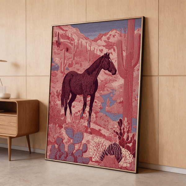Western Horse Wall Art print featuring pink, red, and blue desert scene