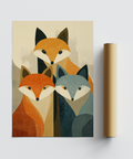 Illustrated fox family print poster with three fox heads and layered geometric shapes