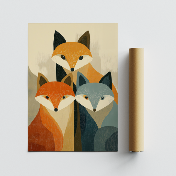 Illustrated fox family print poster with three fox heads and layered geometric shapes