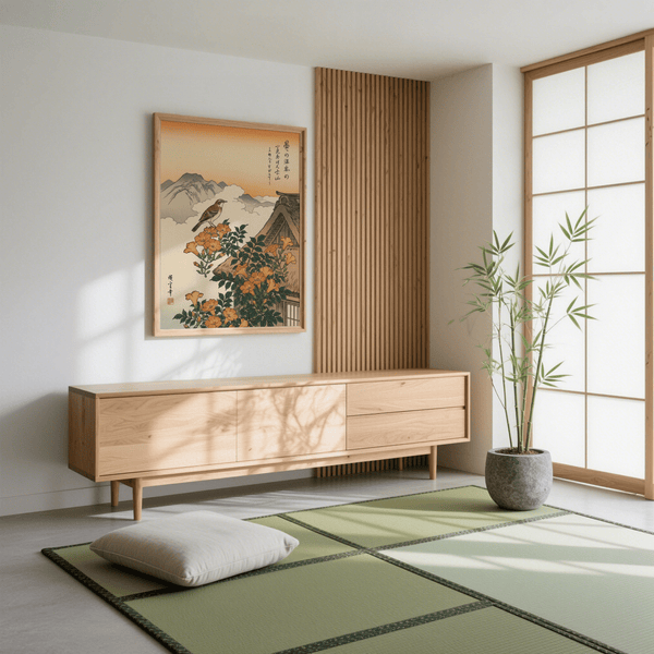 Mountain Landscape Poster featuring a peaceful scene in beige and green for entryway wall art