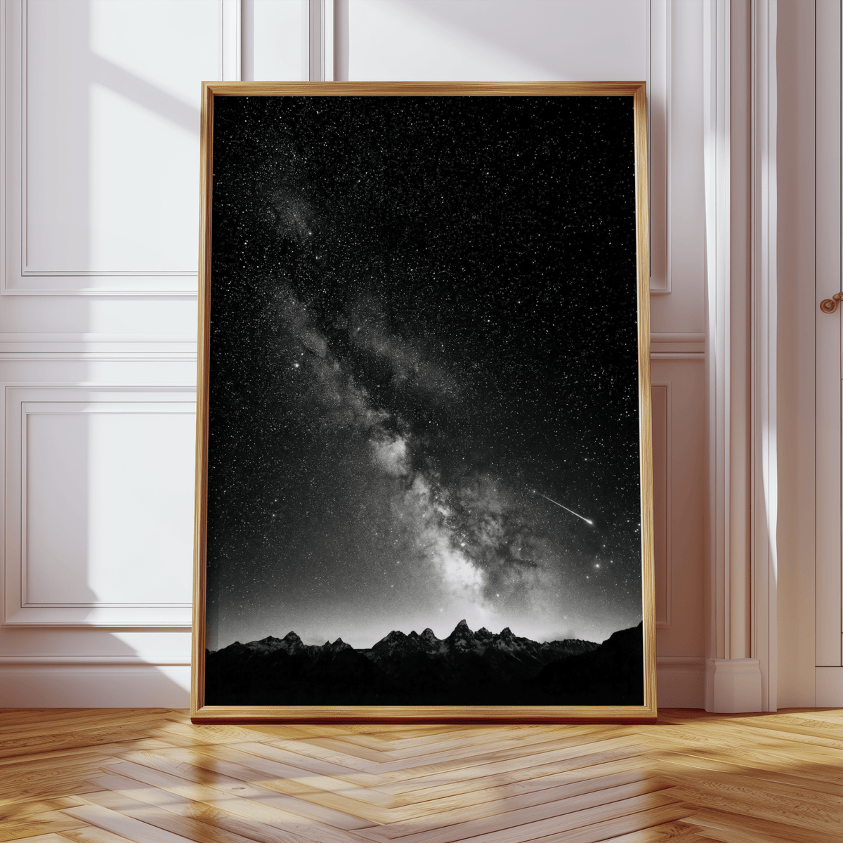 Black and white night sky poster showing meteor streak across detailed Milky Way dust lanes