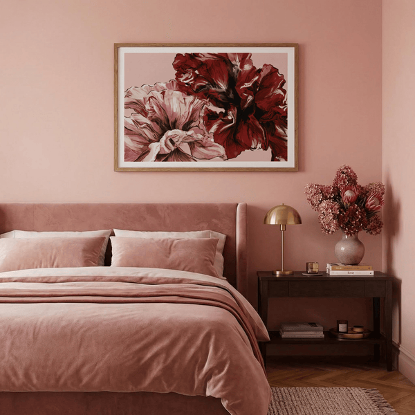 Close view of petals showing expressive brush strokes in red and blush