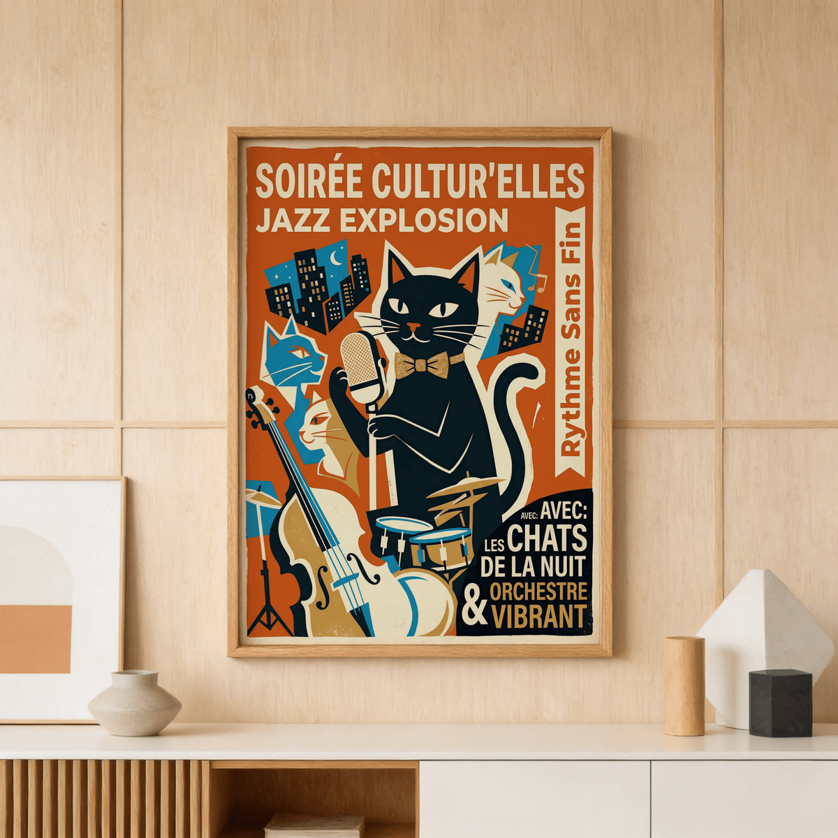 Side angle of Vintage Jazz Poster print with upright bass and drum kit