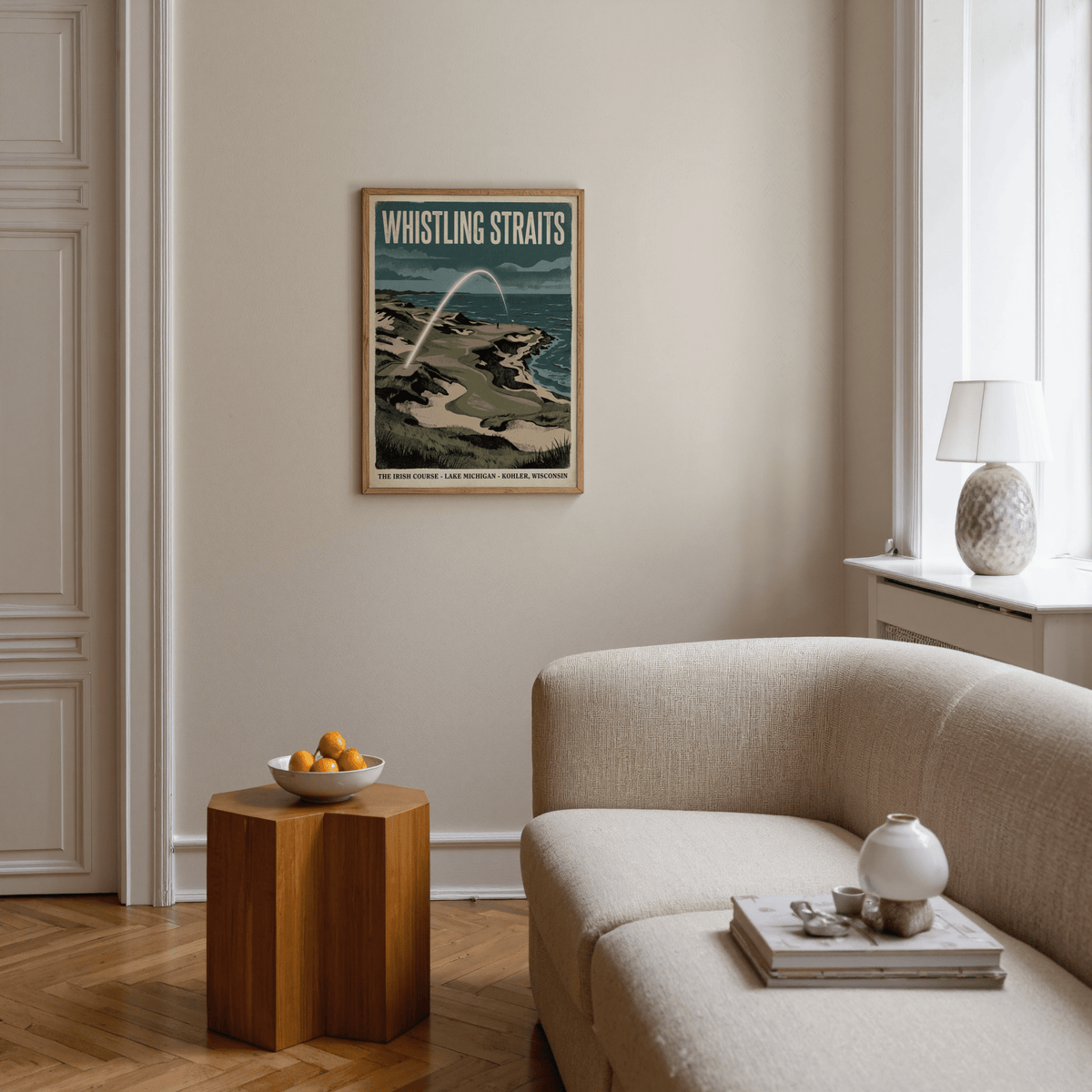Oversized text Whistling Straits above illustrated shoreline golf poster print