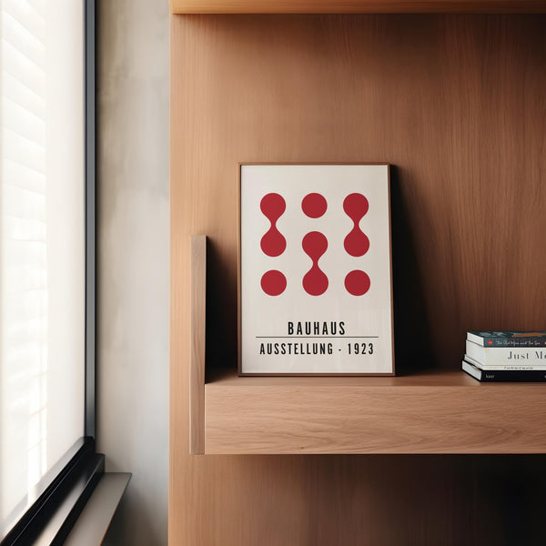 Graphic print artwork for office walls featuring red dot and linear balance