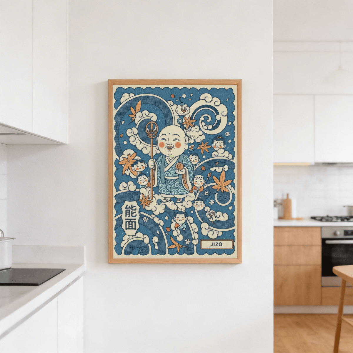 Patterned robe Jizo poster print with circular cloud motifs and scattered leaves