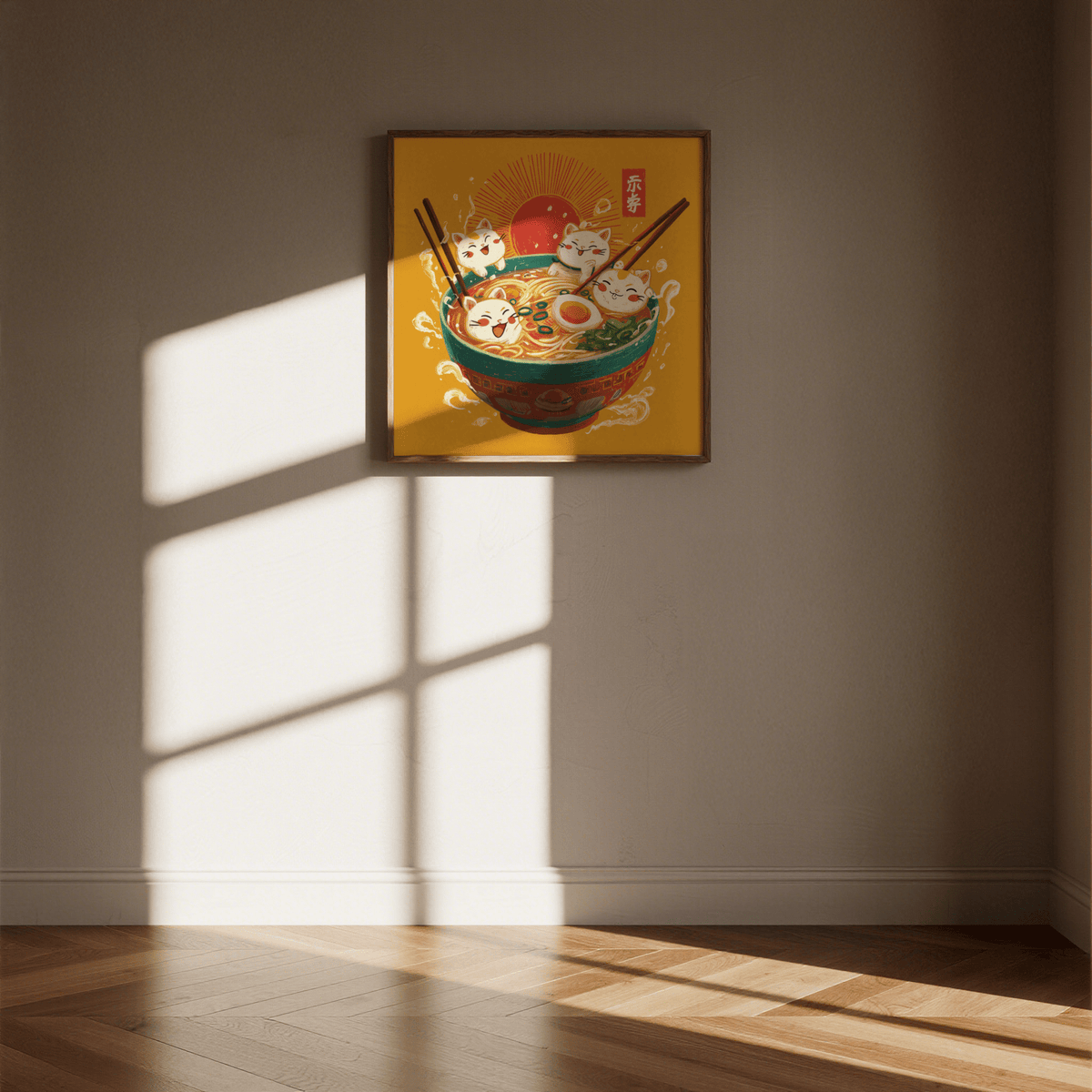 Bedroom wall art with Cute Cat Print, highlighted in main colors