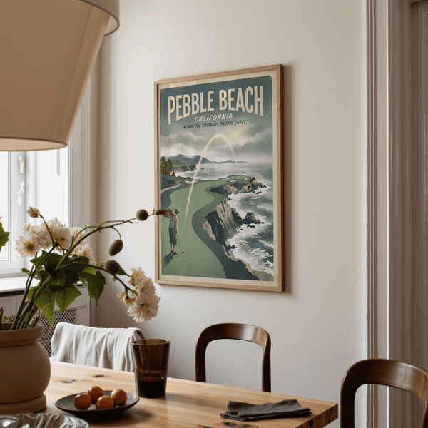 Graphic wall art depicting dog-leg fairway and bright flight arc