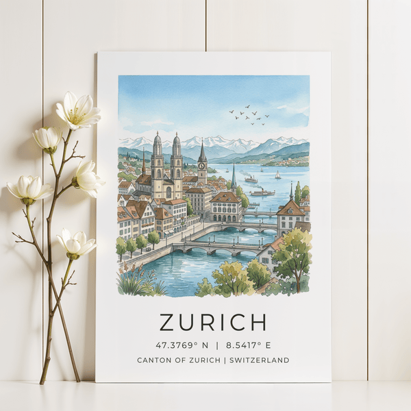Rolled Zurich City Art Print with multicolored cityscape visible