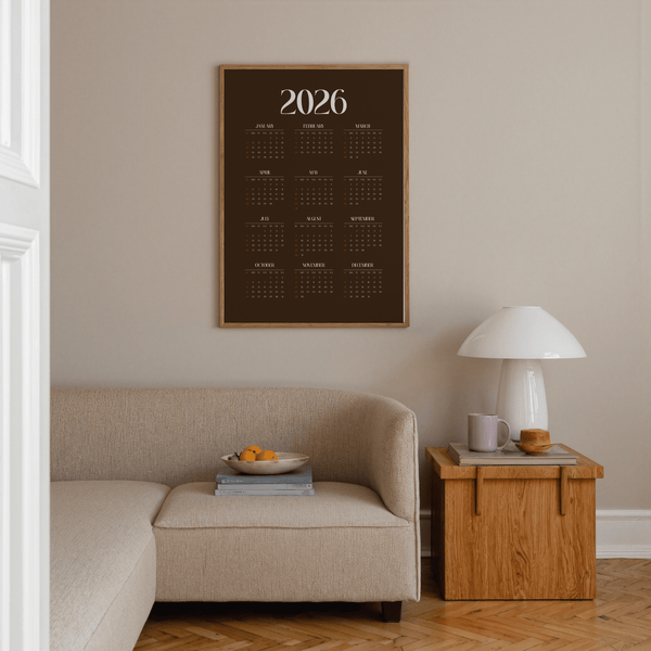 2026 Brown Calendar Print wall art, brown, orange, white, for entryway