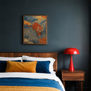 Vintage-style Traditional Japanese Tiger Art Print in orange, gold, and blue.
