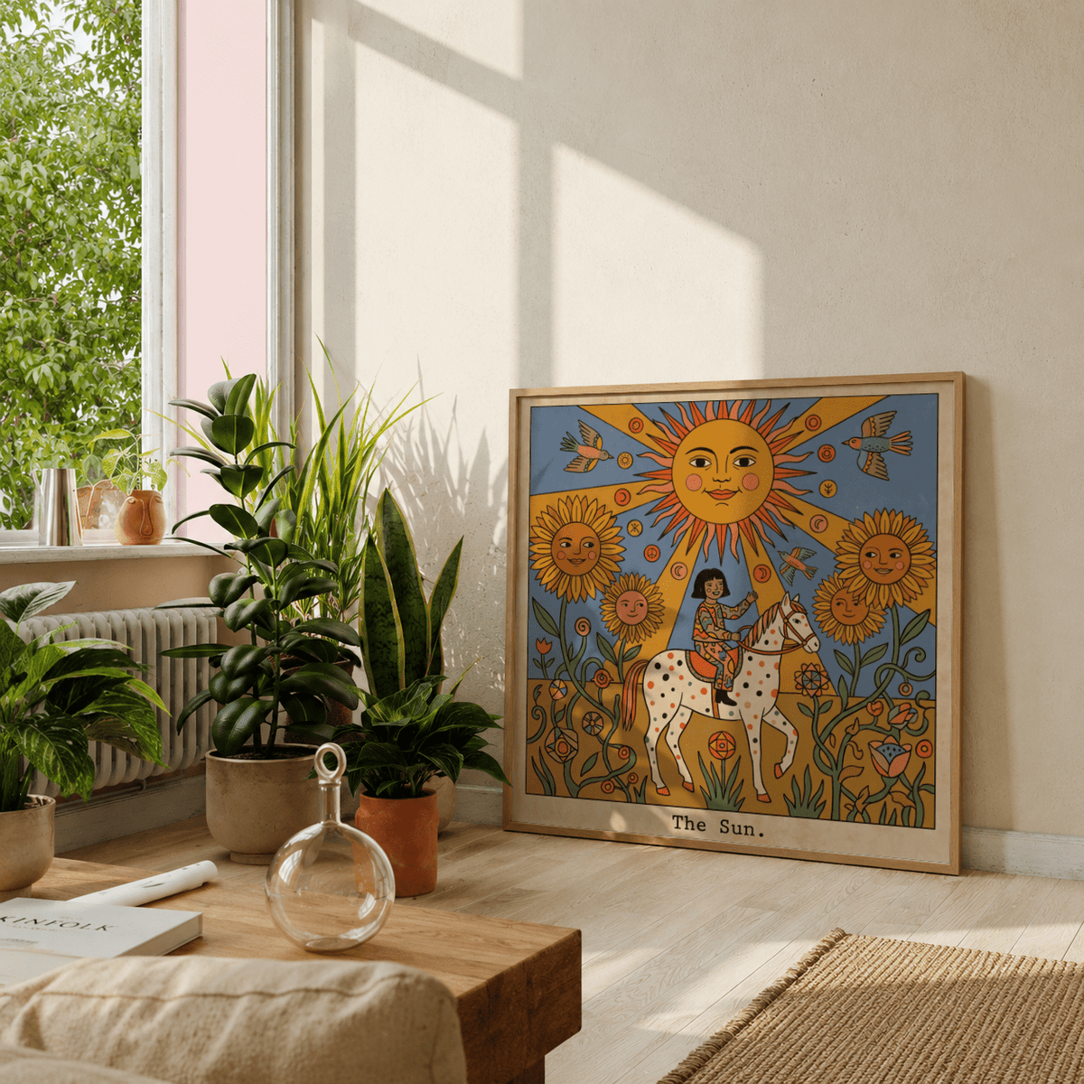 Graphic illustration wall art print with a smiling sun motif and patterned horse in a Yellow and Blue palette