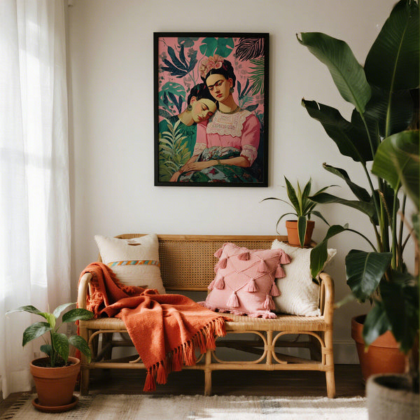 Symbolic twin portrait in Frida Kahlo self portrait style with pink tropical background.