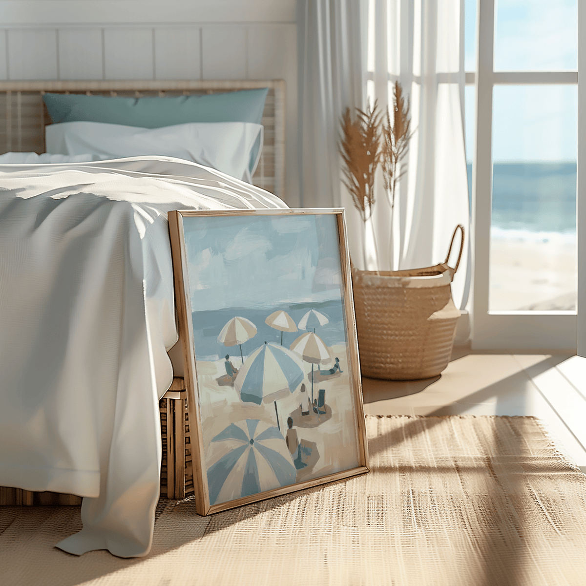 Beach Umbrella Art Print summer-inspired wall art with blue and beige, fits living area