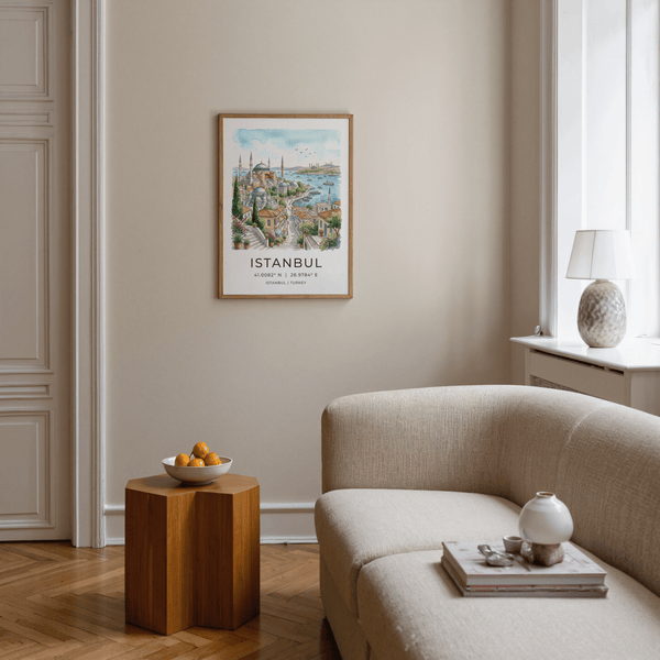 Illustrated Istanbul Cityscape Art Print showing waterfront, mosque domes, and boats
