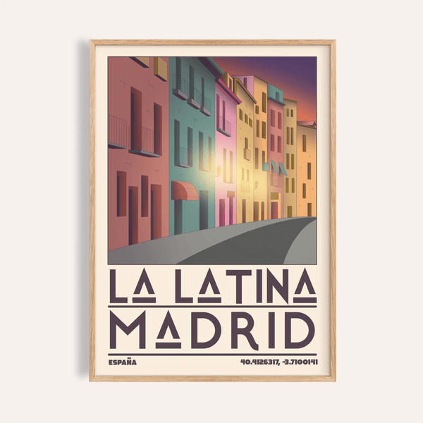 Madrid City Wall Art poster showing La Latina street with curved road and balconies
