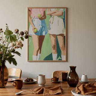 Sports print showing socks, skirts, and tennis balls rendered in loose brushstrokes
