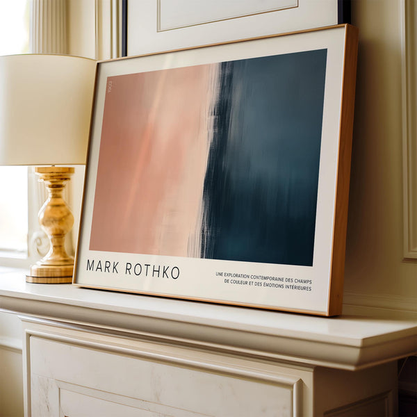 Abstract peach navy color block wall art in horizontal format