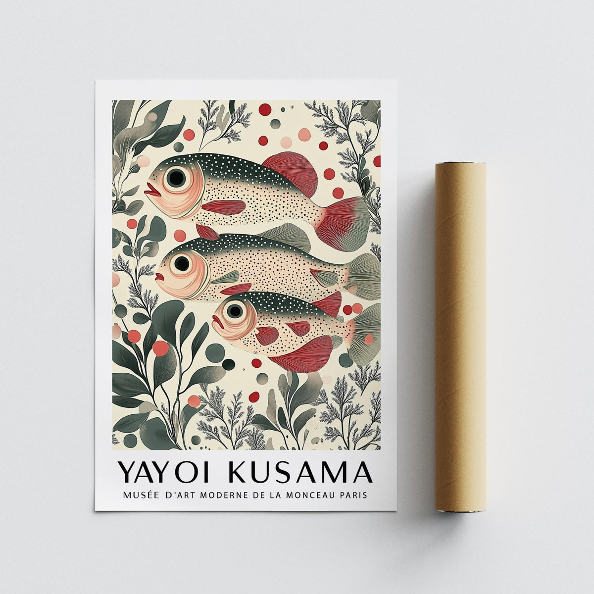 Wall Art of Fish design with red circles and stylized plants.