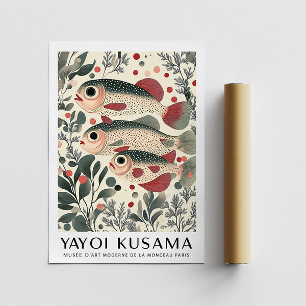 Wall Art of Fish design with red circles and stylized plants.