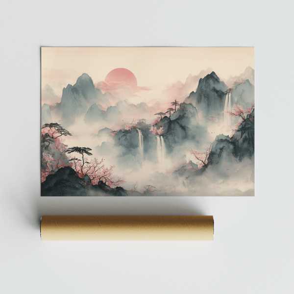 Contemporary Pink Tiger Mountain Wall Art, Beige and Gray office print