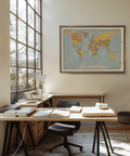 Educational World Map Print in Blue, Green, and Yellow, ideal for classroom poster