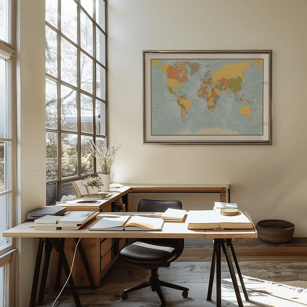 Educational World Map Print in Blue, Green, and Yellow, ideal for classroom poster